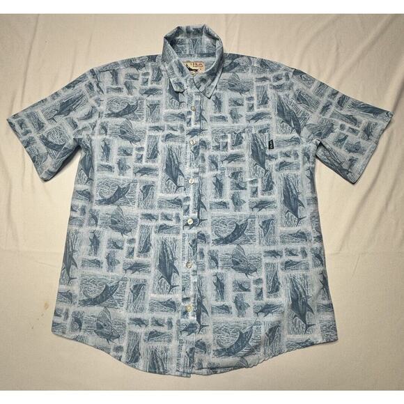 Huk Men's Short Sleeve Blue Fish Print Button Up Shirt - Size M - Picture 1 of 5